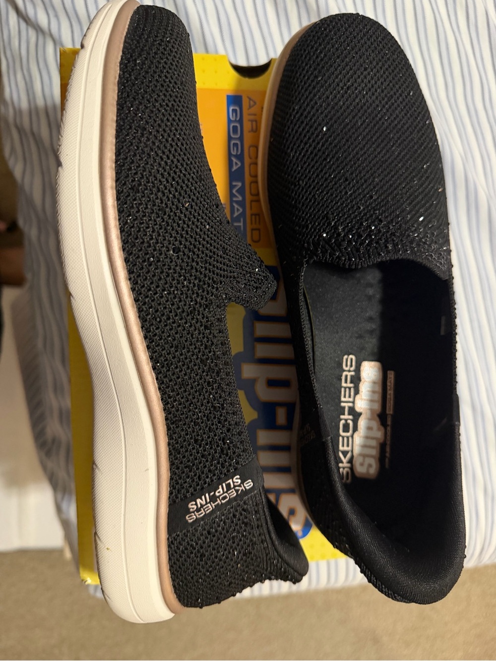 Skechers Black Glitter Knit Slip-On Comfort Loafers with White Sole